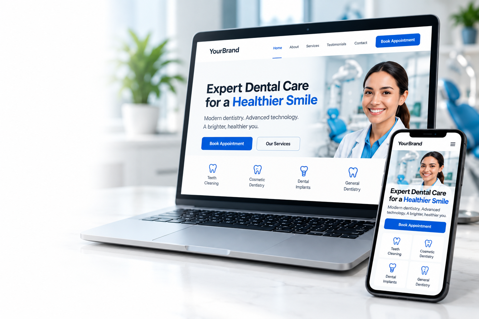 Illustrative dental website displayed on a laptop and smartphone in a bright workspace